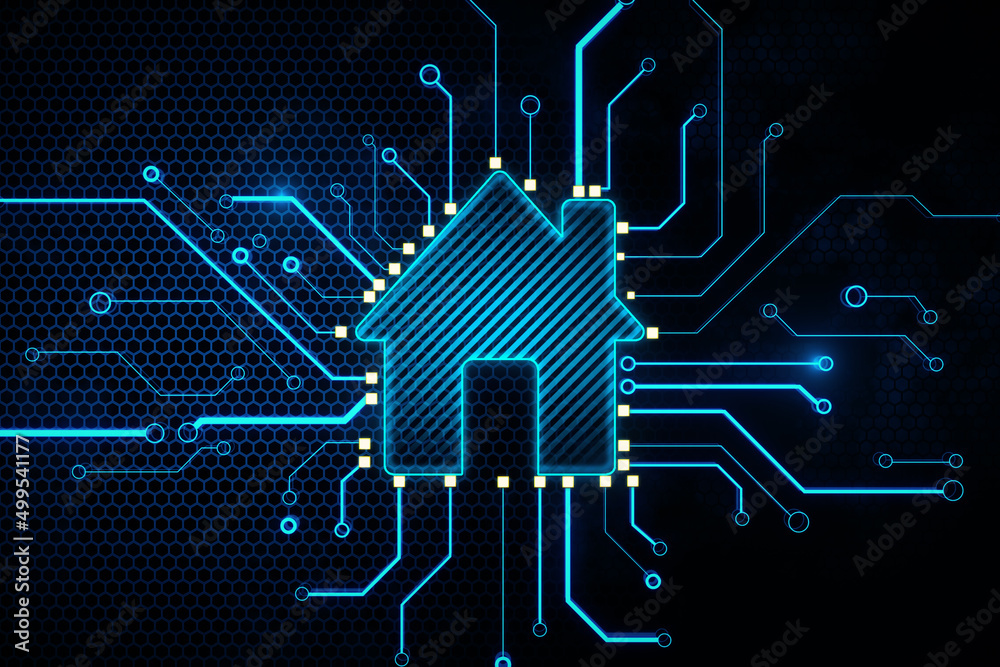 Fototapete Smart system management and smart home technologies concept with glowing digital home icon surrounded by circuit lines, IOT on dark background. 3D rendering