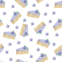 seamless pattern with cake and stars, seamless watercolor background, design for wallpaper, packaging and fabric. Cake with purple cream and blueberries, purple stars