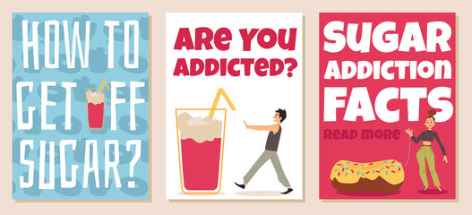 Craving sugar and addiction to sweet food banners set, flat vector illustration.