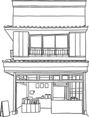 Japan small shop storefront Traditional House Hand drawn Line art Illustration