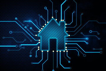 Smart system management and smart home technologies concept with glowing digital home icon surrounded by circuit lines, IOT on dark background. 3D rendering