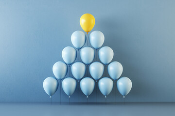 Creative blue and yellow ballons on white wall background. Leadership and teamwork concept. 3D Rendering.
