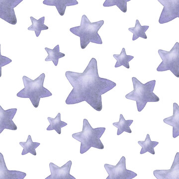 seamless pattern with purple stars, watercolor pattern with stars. Purple watercolor star, hand-painted. Suitable for packaging, baby fabric, wallpaper