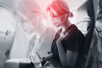 Woman feeling sick with motion sickness because of turbulence in airplane - obrazy, fototapety, plakaty