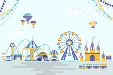 Amusement park with circus, carousels and slides. vector illustration.