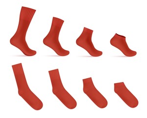 Red socks templates of various length, realistic vector illustration isolated.