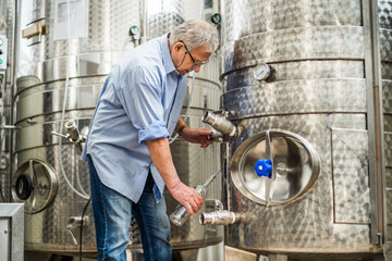 Senior man filling wine from storage tank in his winery.