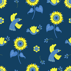 Fototapeta na wymiar Ukrainian decorative seamless pattern. Yellow-blue birds and sunflower on blue background with flowers. Vector illustration in colors of Ukrainian flag for national decor, design, packaging, wallpaper