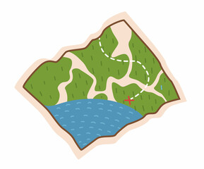Paper folded map doodle hand drawn icon. Map for camping, hiking, local tourism illustration. Illustration in a flat style