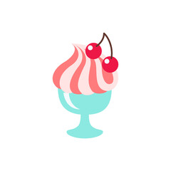 Ice cream icon. Flat illustration of a cup with ice cream decorated with cherries isolated on a white background. Vector 10 EPS.