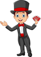 Cartoon little magician playing cards