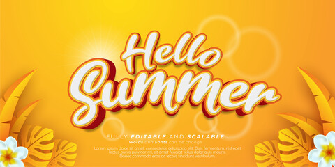 Editable text hello summer with decoration on yellow background
