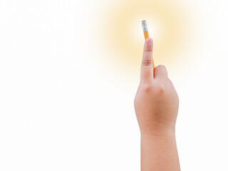 Index finger holding up pencil showing pointing point on isolated white background. concept good idea, brilliant idea