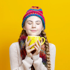 Winsome Teenage Girl in Warm Seasonal Hat and Knitted Scarf Holding Big Yellow Cup While Drinking tea or Coffee Against Yellow