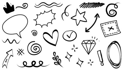 Abstract arrows, ribbons, crowns, hearts, explosions and other elements in hand drawn style for concept design. Doodle illustration. Vector template for decoration