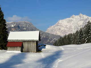 Indigenous alpine huts and wooden cattle stables on Swiss pastures covered with fresh white snow cover, Nesslau - Obertoggenburg, Switzerland (Schweiz)