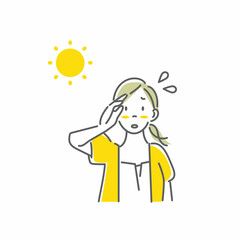 暑い日に屋外で汗を拭う女性　シンプルでお洒落な線画イラスト