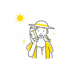 熱中症対策をして外出する女性　シンプルでお洒落な線画イラスト