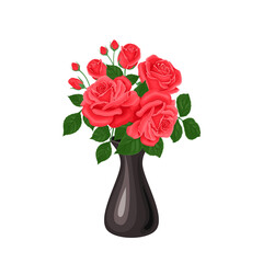Red roses in black vase isolated on a white background. Vector illustration of beautiful flowers in cartoon flat style.