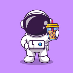 Cute Astronaut Holding Boba Milk Tea Cartoon Vector Icon Illustration. Science Food And Drink Icon Concept Isolated Premium Vector. Flat Cartoon Style