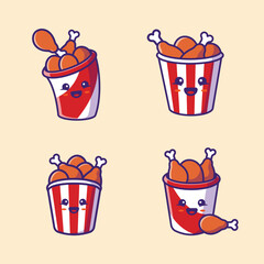 Cute Bucket Fried Chicken Collection Cartoon Vector Icon Illustration. Fast Food Icon Concept Isolated Premium Vector. Flat Cartoon Style