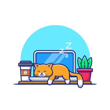 Cat Sleeping On Laptop Cartoon Vector Icon Illustration. Animal Technology Icon Concept Isolated Premium Vector. Flat Cartoon Style