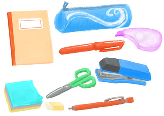 絵具風タッチ！デスクワークや学校の授業で必要なペンやノートなどの文房具