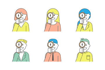 拡大鏡で覗くいろいろな人4　男性　女性　カラー