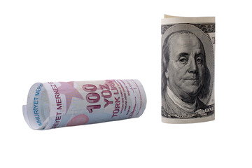 USA dollar and Turkish Lira banknotes on background