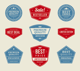 Set retro heraldic shield label border commercial business marketing advertising emblem vector illustration. Collection quality guarantee best choice special offer discount package old fashioned frame