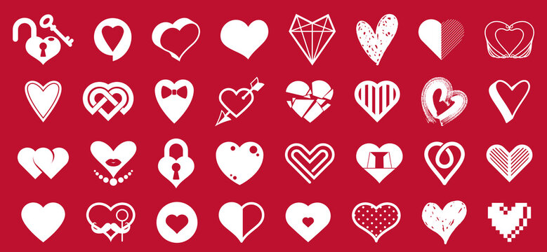 Collection of hearts vector logos or icons set, heart shapes of different styles and concepts symbols, love and care, health and cardiology, geometric and low poly.