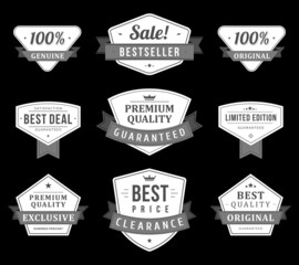 Collection monochrome antique award badge shield with ribbon premium quality vector illustration. Set vintage heraldic label business sticker marketing old fashioned advertising with crown and stars