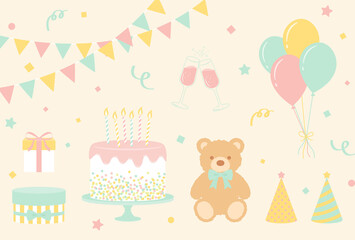 vector background with teddy bear and party icons for banners, cards, flyers, social media wallpapers, etc.