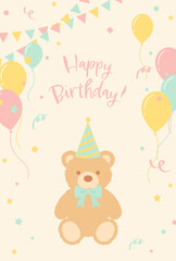 vector background with teddy bear and party icons for banners, cards, flyers, social media wallpapers, etc.