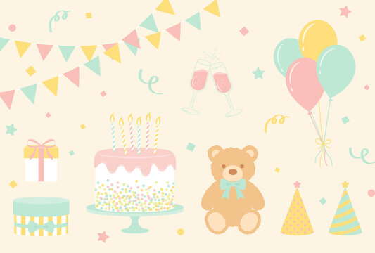 vector background with teddy bear and party icons for banners, cards, flyers, social media wallpapers, etc. © mar_mite_