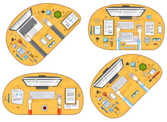 Office employees or entrepreneurs work desks workplaces with hands and PC computers and diverse stationery objects for work, top view. All elements are easy to use separately. Vector set.