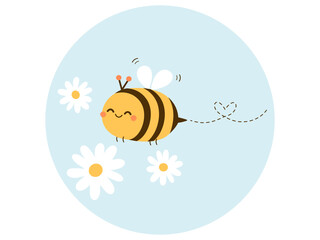 Cute bee cartoon with daisy flower logo sign on blue circle background vector illustration.