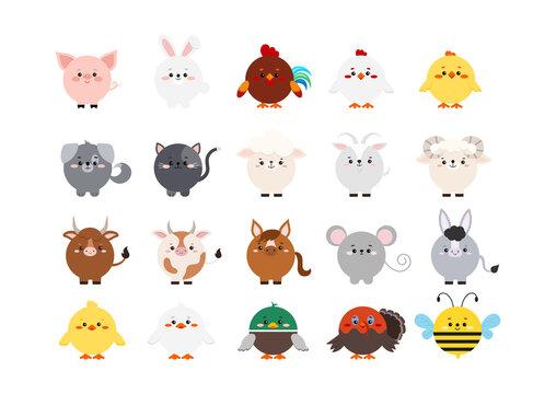 Circle farm animal cute faces with paw ui icon set. Cartoon asset round shape kawaii avatar kids character sticker collection. Vector flat animal head emoticon illustration for mobile game application