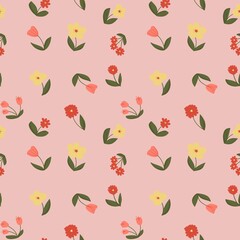 Hand drawn cute summer flower seamless pattern on pink background