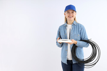 Concept of occupation, young woman on white background