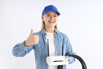 Concept of occupation, young woman on white background