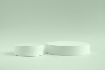 Podium for cosmetic product presentation. Abstract minimal geometrical form. Cylinder stone sphere one form, shadow. Scene to show products. Showcase, display. Trendy sunlight. Front view. 3D