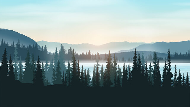 Pine forest landscape and mountains. There is a lake deep in the forest. Vector illustration background.