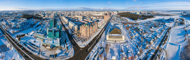 Surgut city in winter. Residential area, panoramic view of the city. Aerial view.
