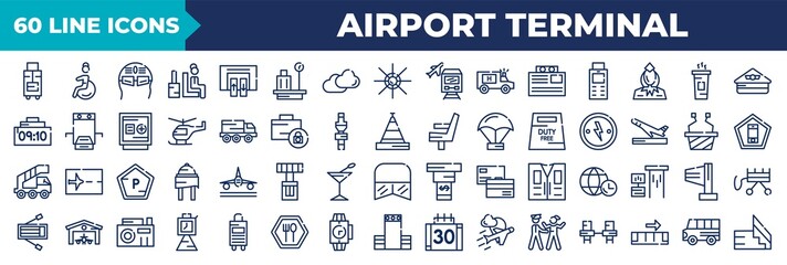 Fototapeta na wymiar set of 60 thin line airport terminal icons. outline icons such as luggage trolley, identification badge, luggage security, gangway truck, lifesaver best, lifeboat, control check, airport bus vector