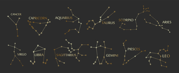 Zodiac constellations. Horoscope  line symbols on dark background.