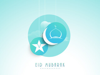 Eid Mubarak Celebration Concept With Crescent Moon, Star, Mosque Hang On Glossy Light Blue Background.