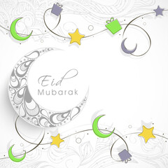 Eid Mubarak Celebration Concept With Doodle Style Crescent Moon, Stars, Gift Boxes And Paisley Floral On White Background.