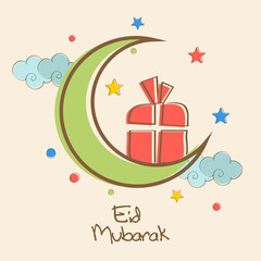 Eid Mubarak Celebration Concept With Flat Style Crescent Moon, Gift Box, Stars, Clouds Decorated Background.