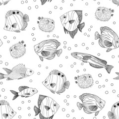 Seamless Pattern with hand drawn Sea Fishes. Cartoon Ocean Life Background. Sea animals texture.